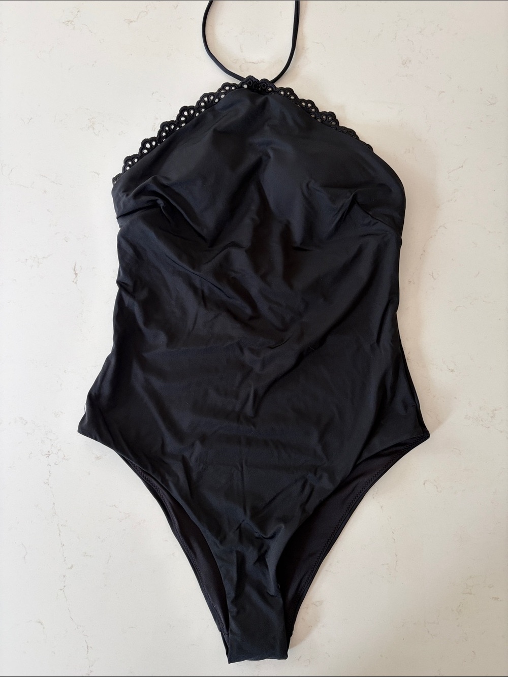 Black Halter One-Piece Swimsuit with Scalloped Trim